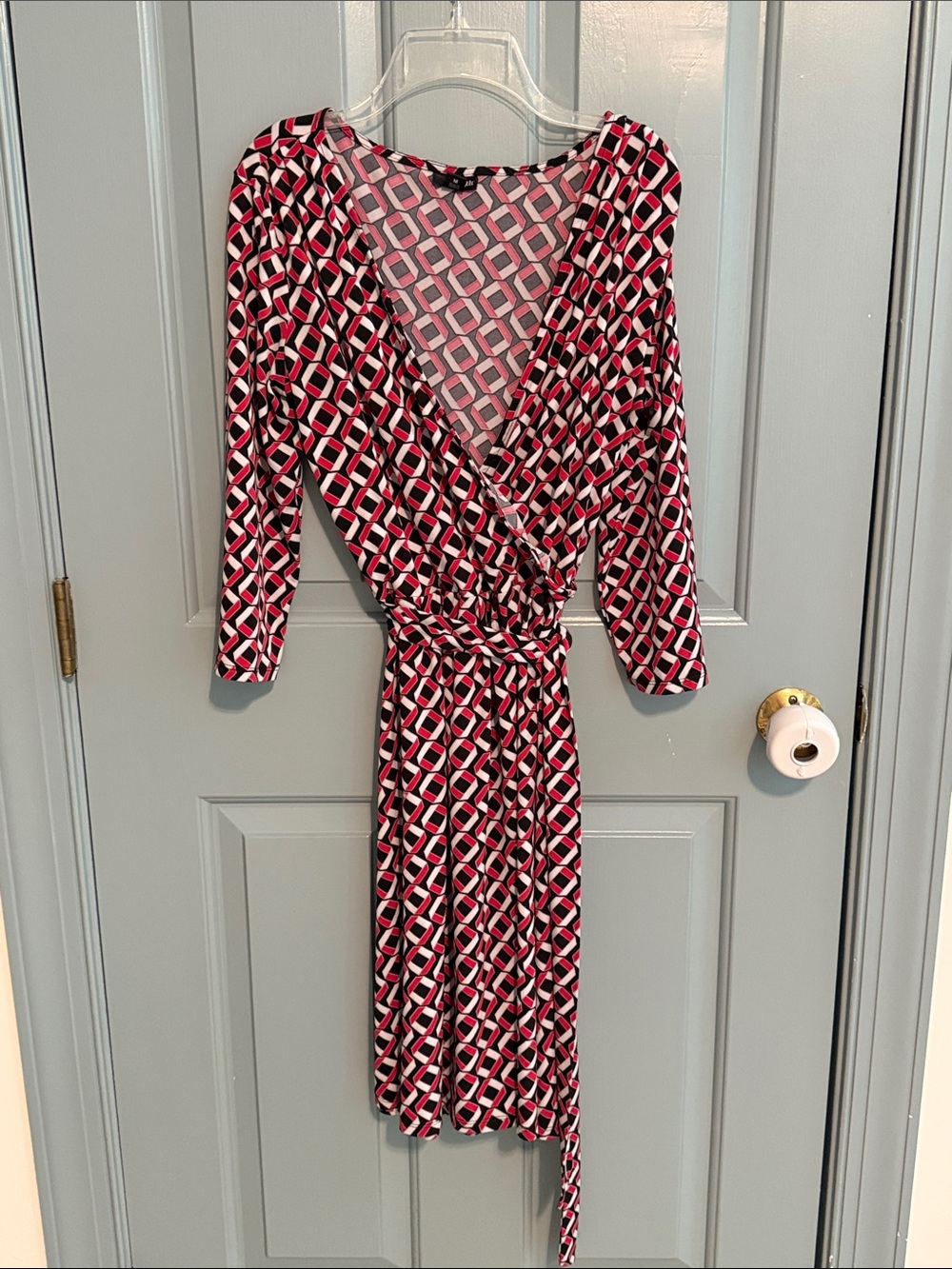 East 5th Pink, Black and White Geometric Wrap Midi Dress